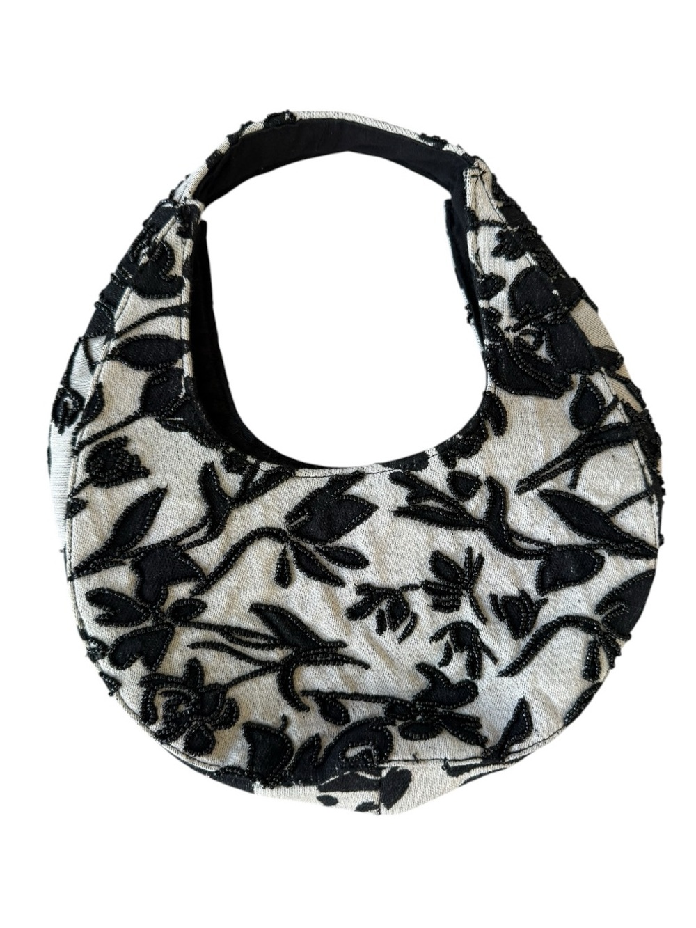 Black & White Floral Beaded Hobo Bag - Women's Shoulder Handbag